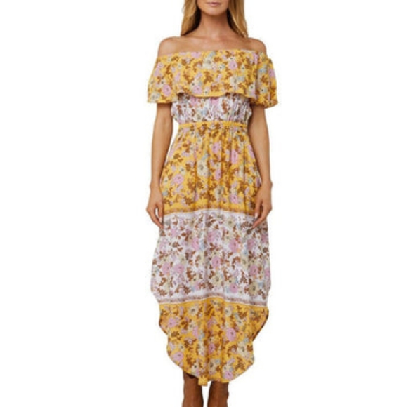 O’NEILL Ziggi Sunshine Yellow Boho Floral Boho Off The Shoulder Midi Dress NWT - Picture 13 of 14